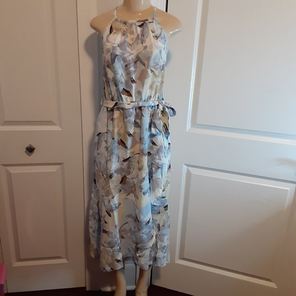 Pastel Blue Floral Wrap & Ruffled Halter Neck Sleeveless Belted Dress - Picture 5 of 15
